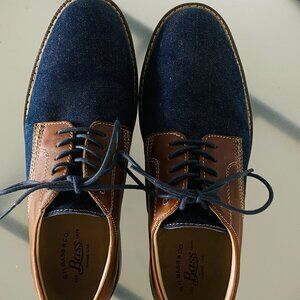 Bass Oxfords, Denim Blue Toe and Tongue, with Brown Leather Heel and Navy Laces.